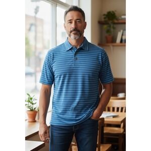 SAKMANN Golf Performance Polo Shirt Blue White Stripe Pima Cotton Blend Men Lg.